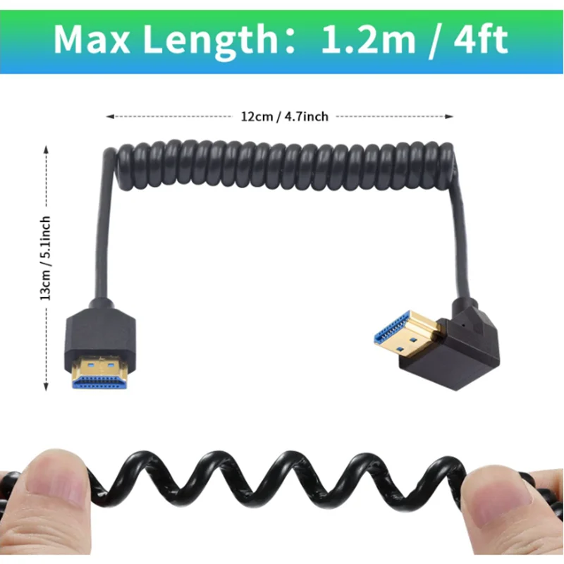 HDMI 2.1 Male to Male Adapter Shield Spring Spiral Cord, Ultra HD HDMI 8K@60Hz Coiled Cable, 90 Degree Left Angle