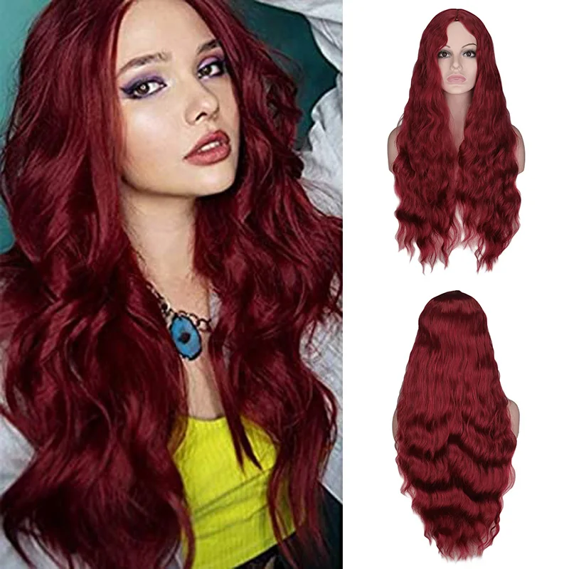 WHIMSICAL W Long Wavy Black Wigs Red Wave Synthetic Wig for Women Natural Middle Part Heat Resistant Breathable Hair