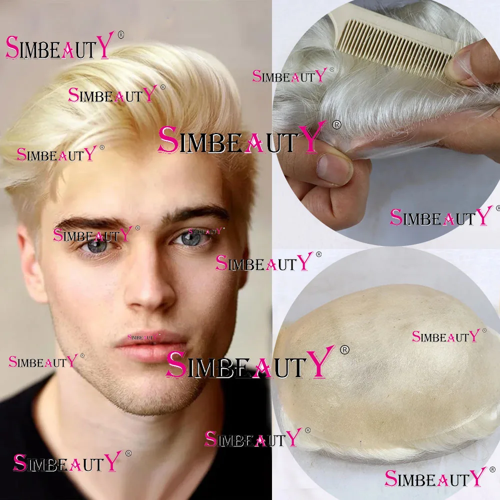 Platinum Blonde Undetectable Toupee For Men Super Durable Ultra Thin Skin 0.06mm Grey Human Hair Capillary Prosthesis System Wig