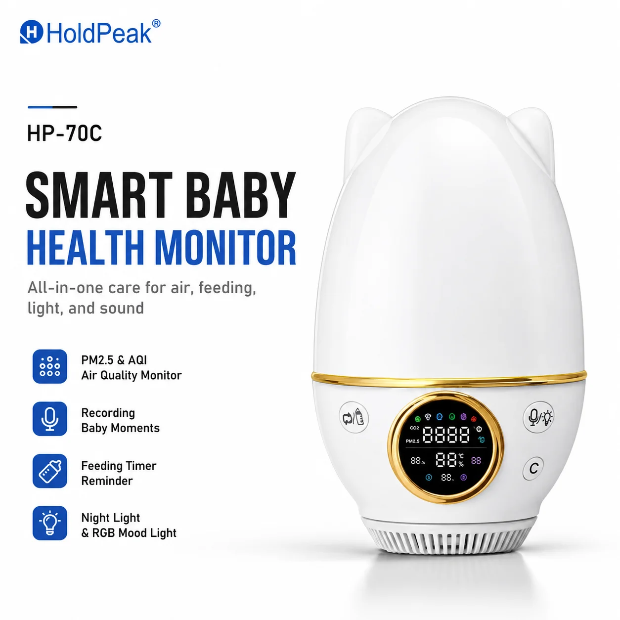 

5-in-1 Baby Air Quality Monitor-No Camera CO2/PM2.5 & Temp Humidity with Feeding Alert, Sound Recorder, RGB Night Light,Tuya APP
