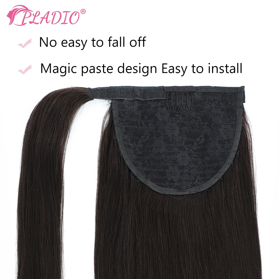 PLADIO Long Straight Wrap Around Ponytail Clip In Hair Extensions 100% Huamn Hair Hairpiece Natural Black Ponytail for Women