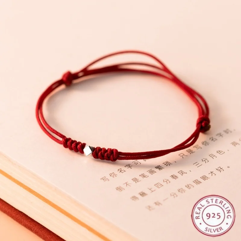 Real 925 Sterling Silver Bracelet For Women Single Cube Red Thread For Hand Rope Red Thread Bracelets Jewelry Accessories Gifts