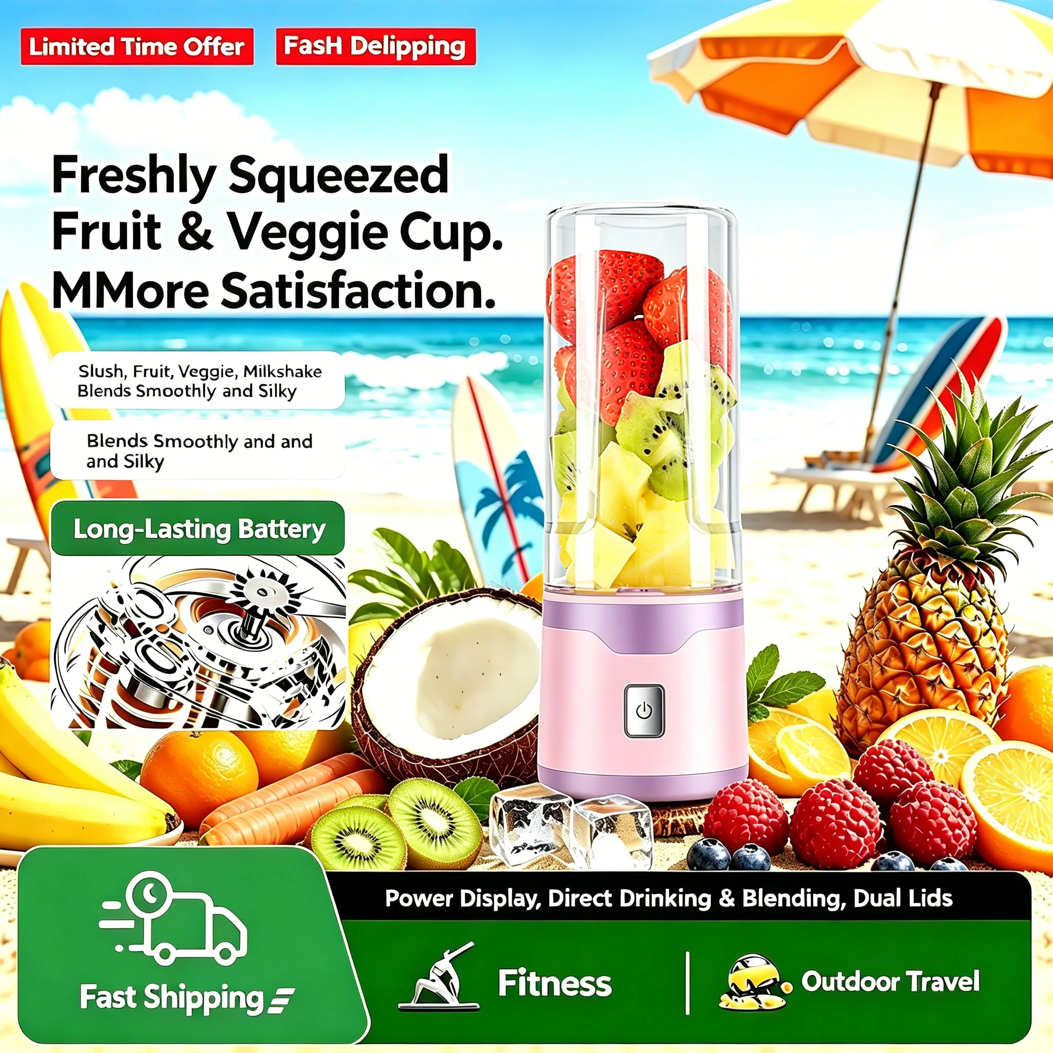 Liquidificador portátil USB com 18 lâminas, copo de 400ml para smoothies, milkshake, cozinha externa, mini mixer.