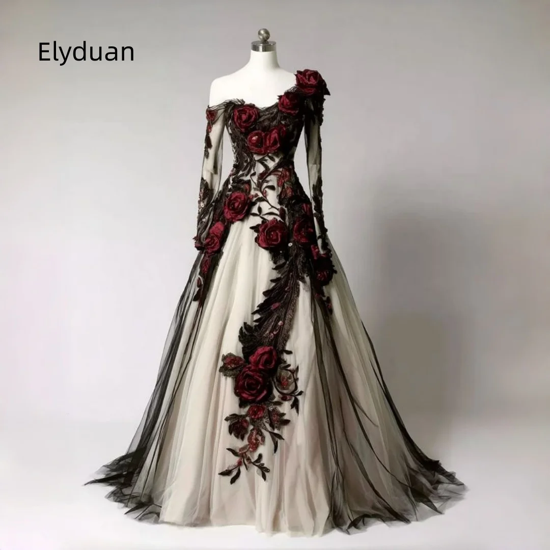 Rose Floral Appliques Black Gothic Wedding Dress Lace Appliques One Shoulder Long Sleeves A-Line Tulle Bridal Gown Customized