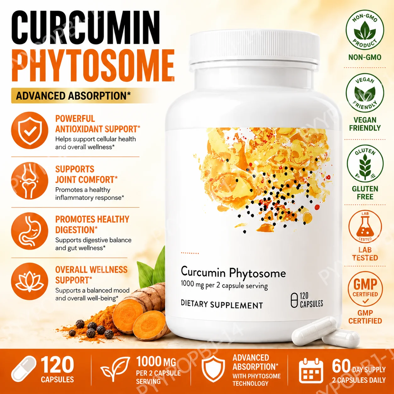Curcumin Phytosome 1000mg Capsules Advanced Absorption Antioxidant Support 120 Capsules Non-GMO, Gluten Free