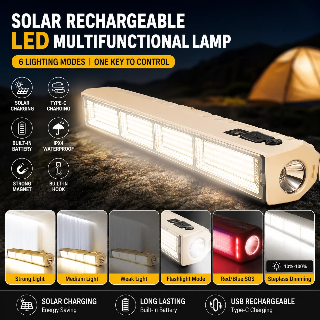30/40cm Camping Lamp Magnetic LED Work Light with Hook USB Rechargeable High Power Emergency Lamp Bar Outdoor Picnic BBQ Light