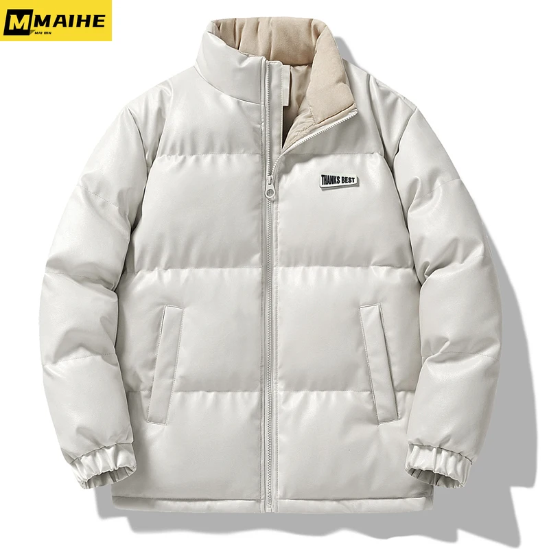 Chaqueta de invierno para hombre, abrigo corto Vintage de cara brillante, cuello levantado, abrigo de PU para motocicleta, ropa de calle de Hip Hop, parka de esquí impermeable a la moda