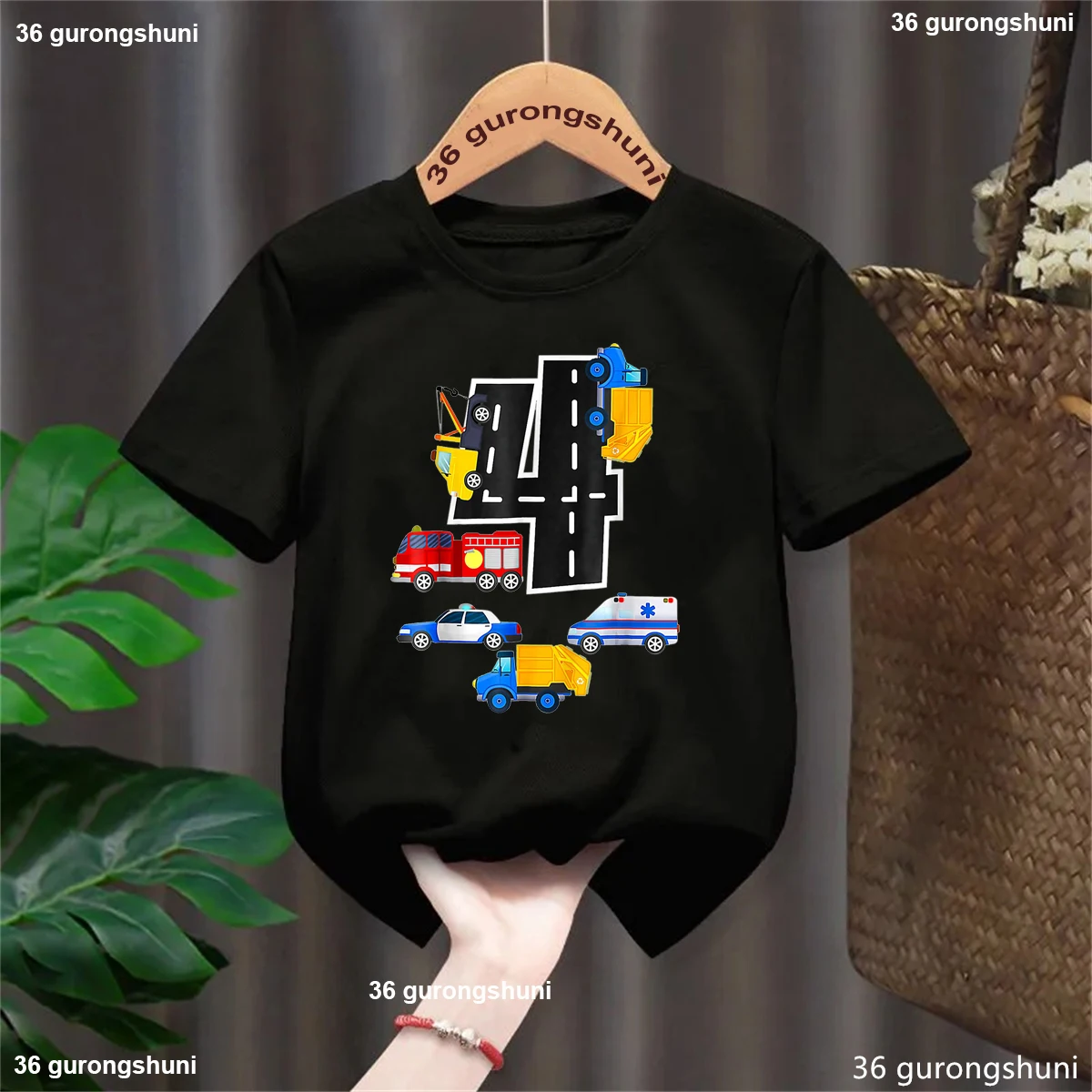 Custom Name 4th Birthday Police Cars Engineering Vehicles Ambulances Printed T Shirt Boys Funny Kids Clothes Solid Cool T-Shirt