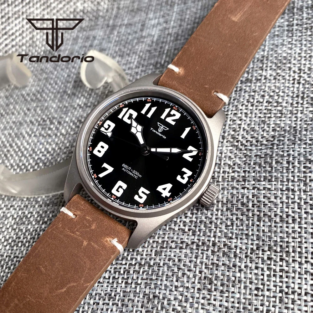 Tandorio Titanium Case Sapphire Glass Light Weight 39mm Pilot 200m Automatic Dive Watch for Men Screw Crown Leather Luminous