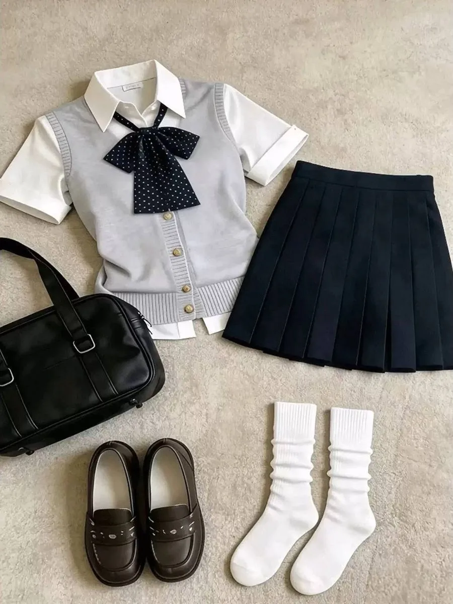 Original Japanese Style College Preppy JK Uniform Set  Color Knitted Cardigan Vest Shirt Middle High Waist Skirt Four Pi...