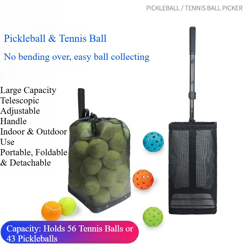 Pickleball & Tennis Ball Picker Telescopic Foldable Large Capacity Ball Collector No Bending Ball Retriever for Indoor Outdoor