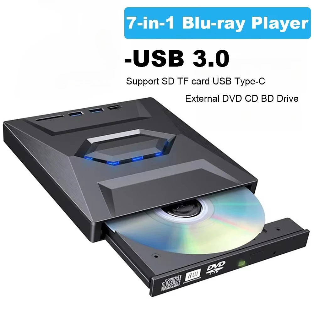 USB 3.0 External Bluray Player 7-in-1 Multifunctional DVD BD CD Bluray Burner SD TF Card Reading Function Drive for Laptop PC