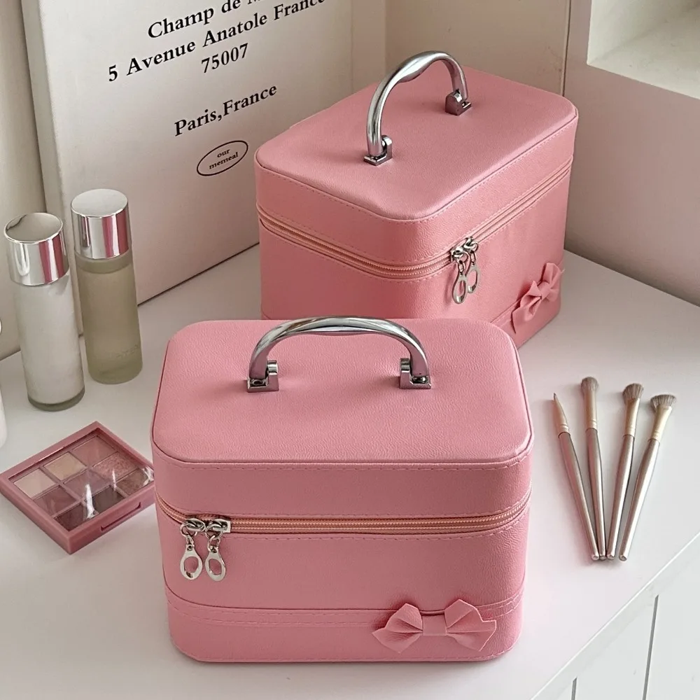 

Pink Bow PU Leather Makeup Bag Alloy Handle Large Capacity Skincare Product Storage Box Multifunctional Waterproof