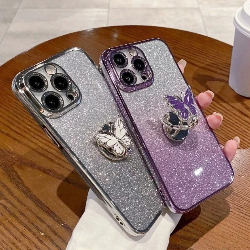 Glitter Butterfly Ring Stand Holder Phone Case For Huawei Honor Magic 3 4 5 Lite 6 Pro Bling Plating Cover