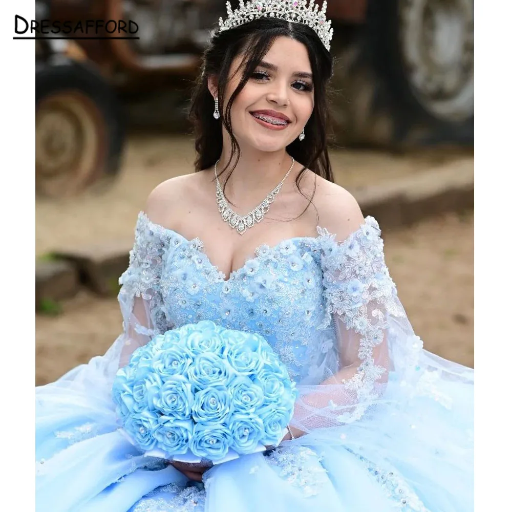 Sky Blue Mexican Vestido De 15 Anos Charro Quinceanera Dresses with Puffy Sleeves Lace Appliqued Corset Sweet 16 Dress