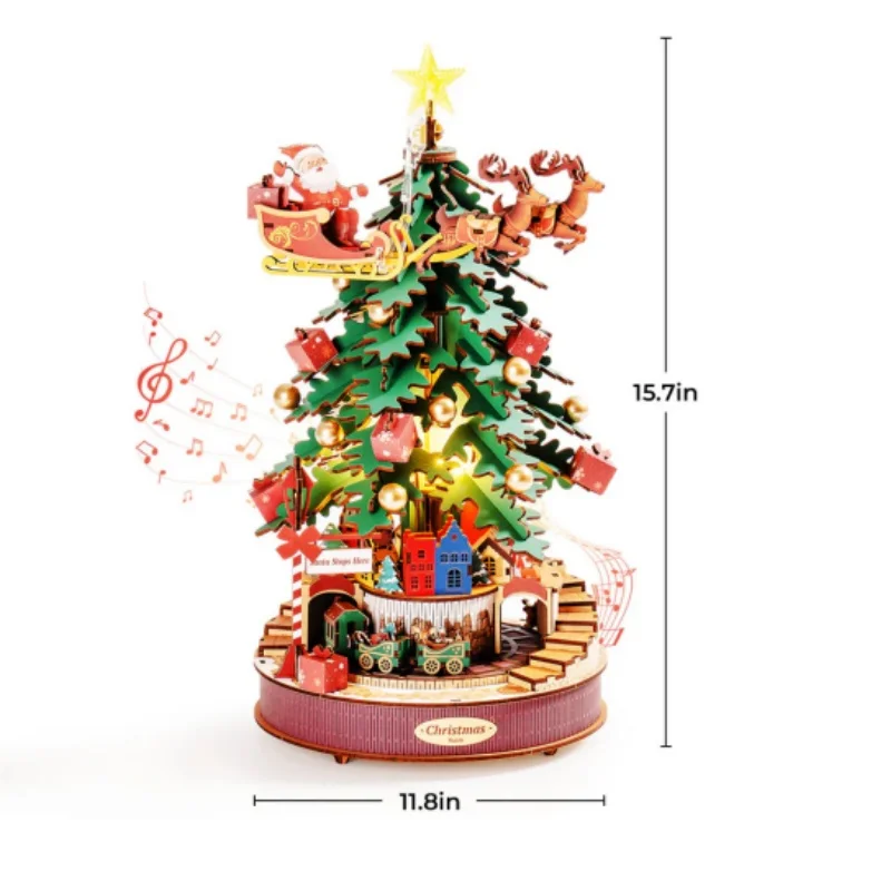 Robotime Music Box Christmas Melody Tree 3D Wooden Puzzles Wooden Model Kits for Adults to Build Best Gifts for Adults and Kids