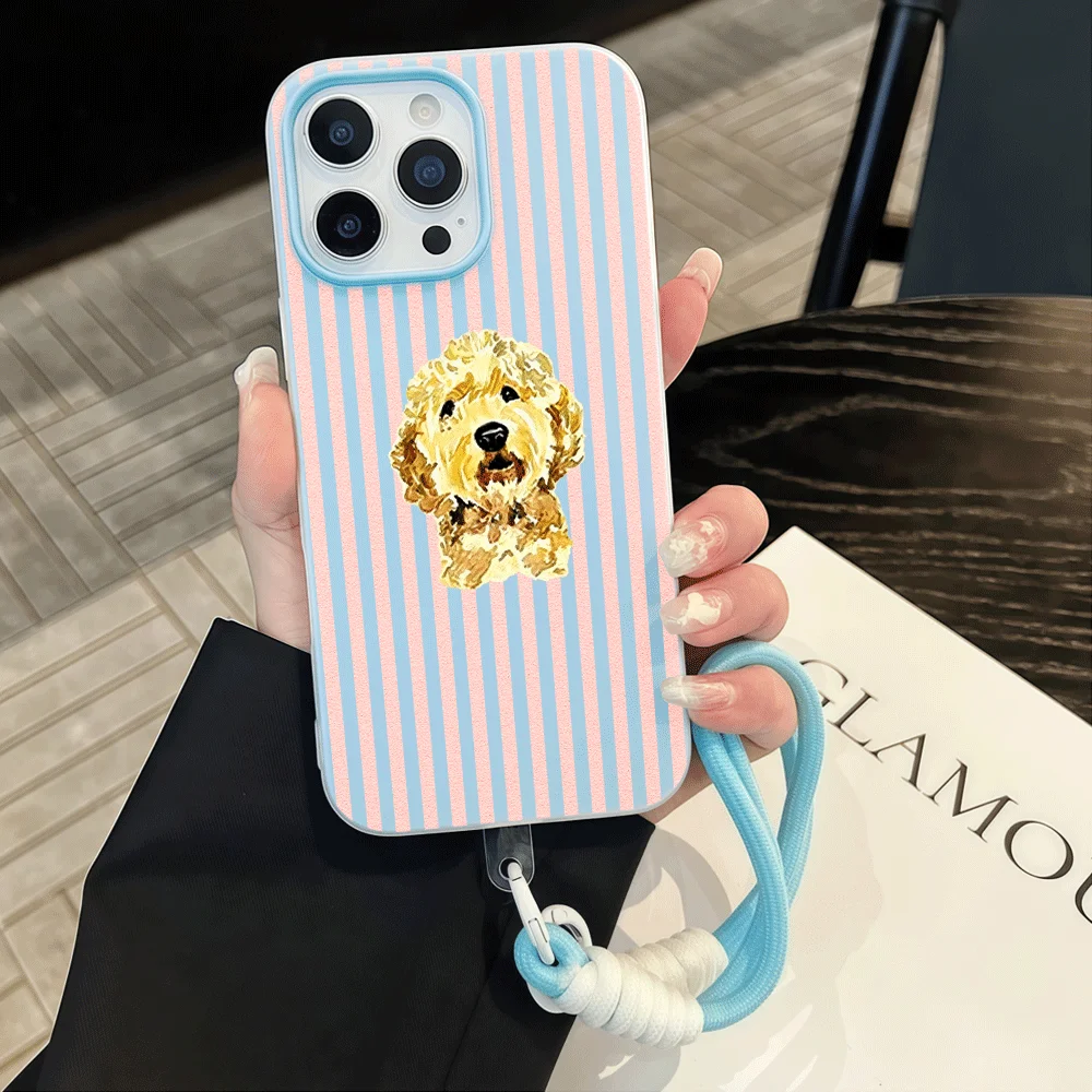 Soft Korean Cute Dog Striped Phone Case For Samsung Galaxy S26 S24 S23 S22 Ultra Plus A54 A37 A36 A56 A55 A35 With Lanyard Cover