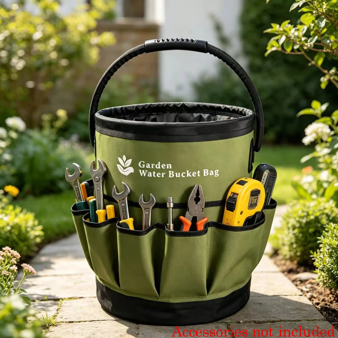 Green Garden Tool Storage Bag With 8 Pockets And Handle For Outdoor Planting Gear Organization Waterproof Bucket Tote