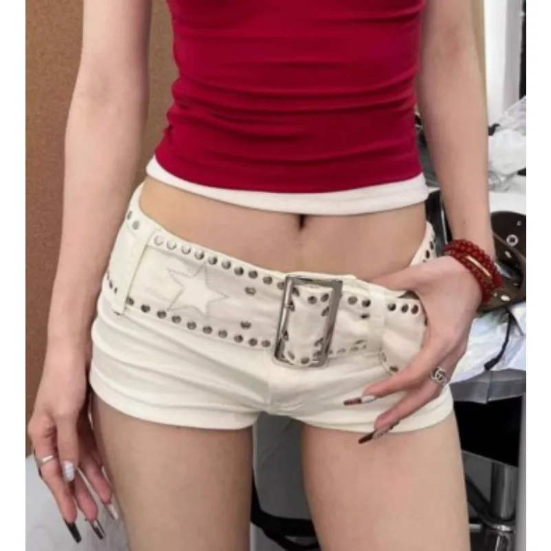 Sexy Riveted Denim Shorts Women's Summer Strap Chain Hot Pants Y2k White Shorts