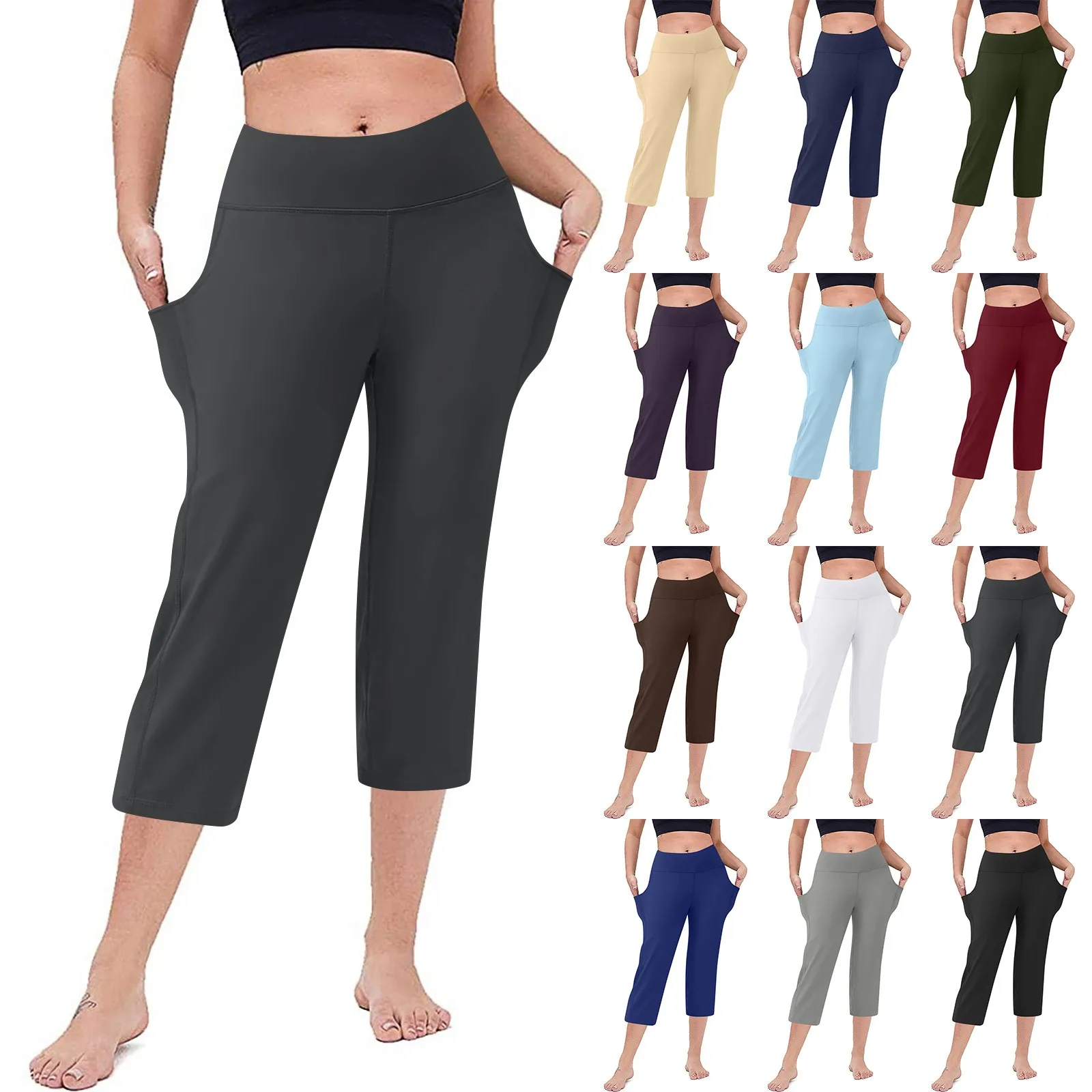 Damskie elastyczne spodnie z wysokim stanem 3/4 Casual Active Fit Szerokie spodnie Capris Spodnie z kieszeniami Spodnie dla kobiet Spodnie damskie