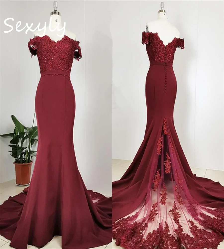 Burgundy Real Mermaid Evening Dress 2023 With Lace Off Shoulders Satin Boho Prom Dress Beaded Formal Ceremony Party Gowns Women