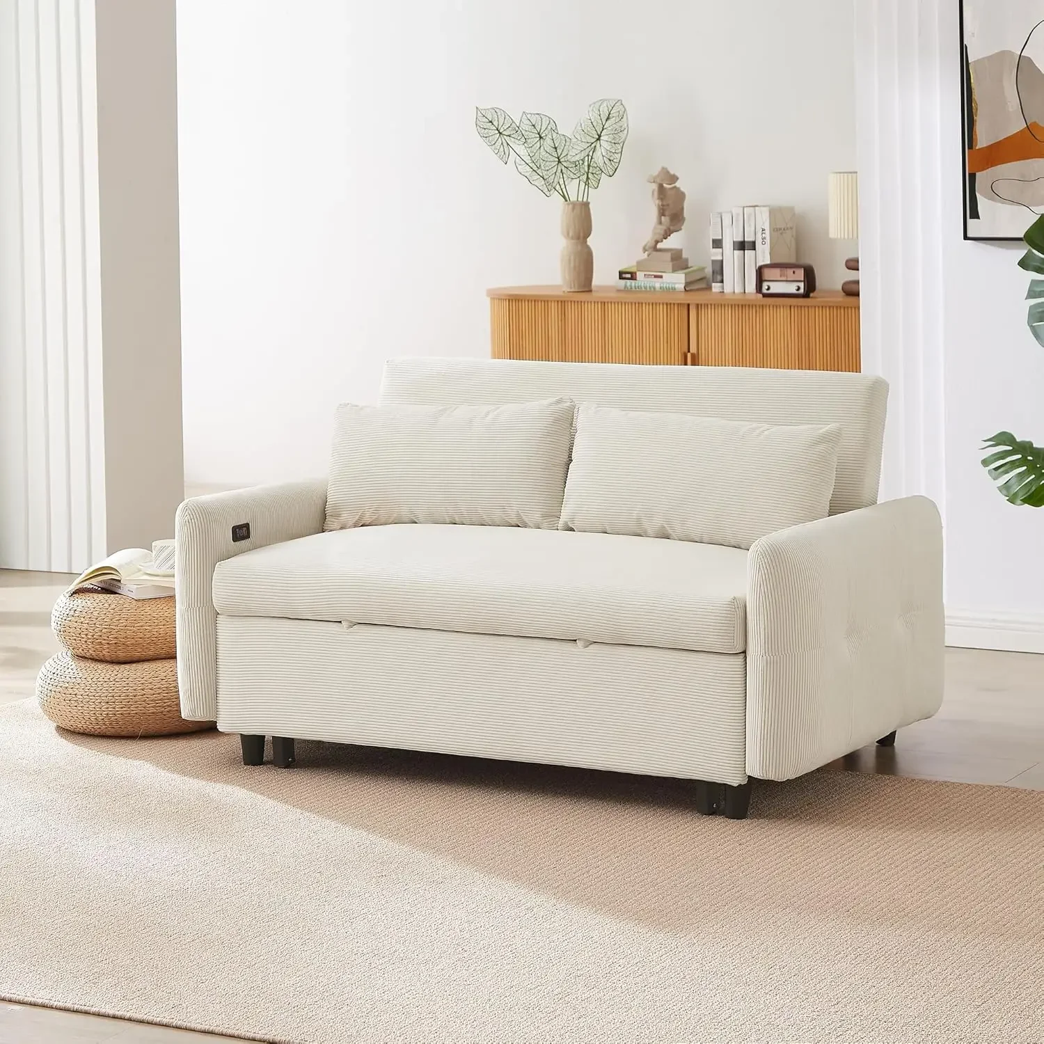 Couch 2 Seat Loveseat Sofa Modern Sleeper Sofa with Two Throw Pillows and USB Ports for Living Room, Beige