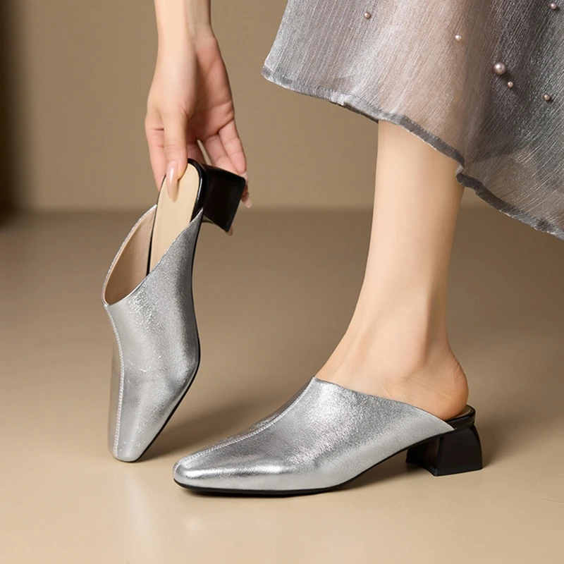 NEW Summer Women Mules Split Leather Shoes for Women Square Toe Chunky Heel Shoes Cover Toe Slingback Sandals Concise Slippers