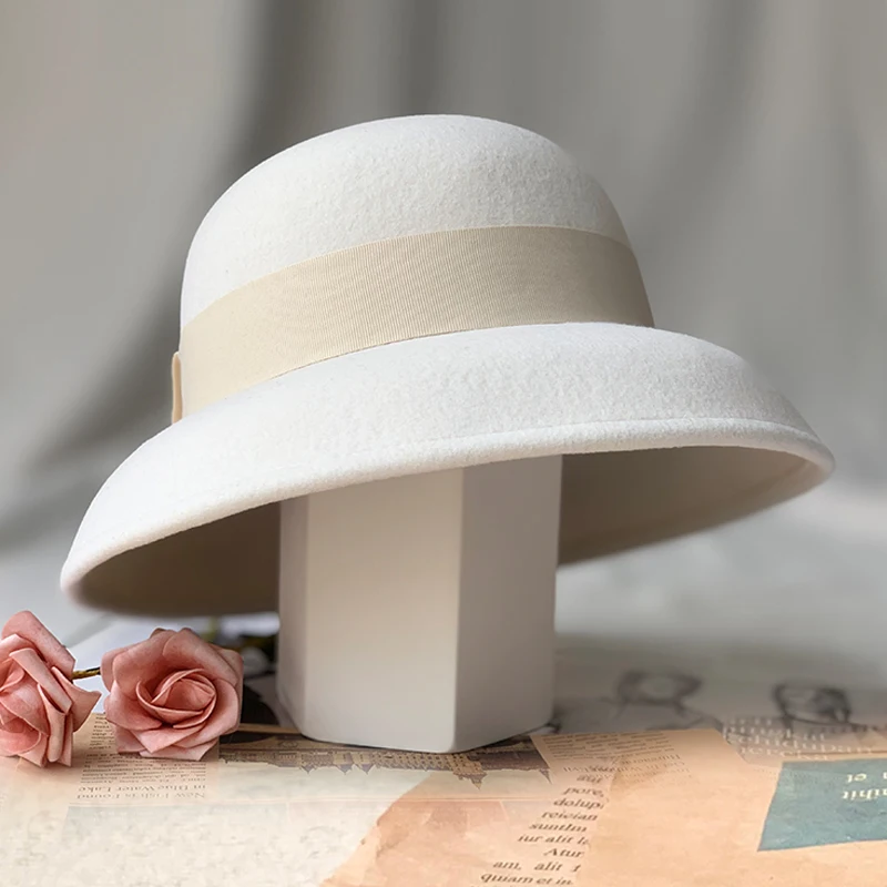 New autumn and winter hats women's pure white wool top hat Fisherman lampshade hat elegant retro wide eaves