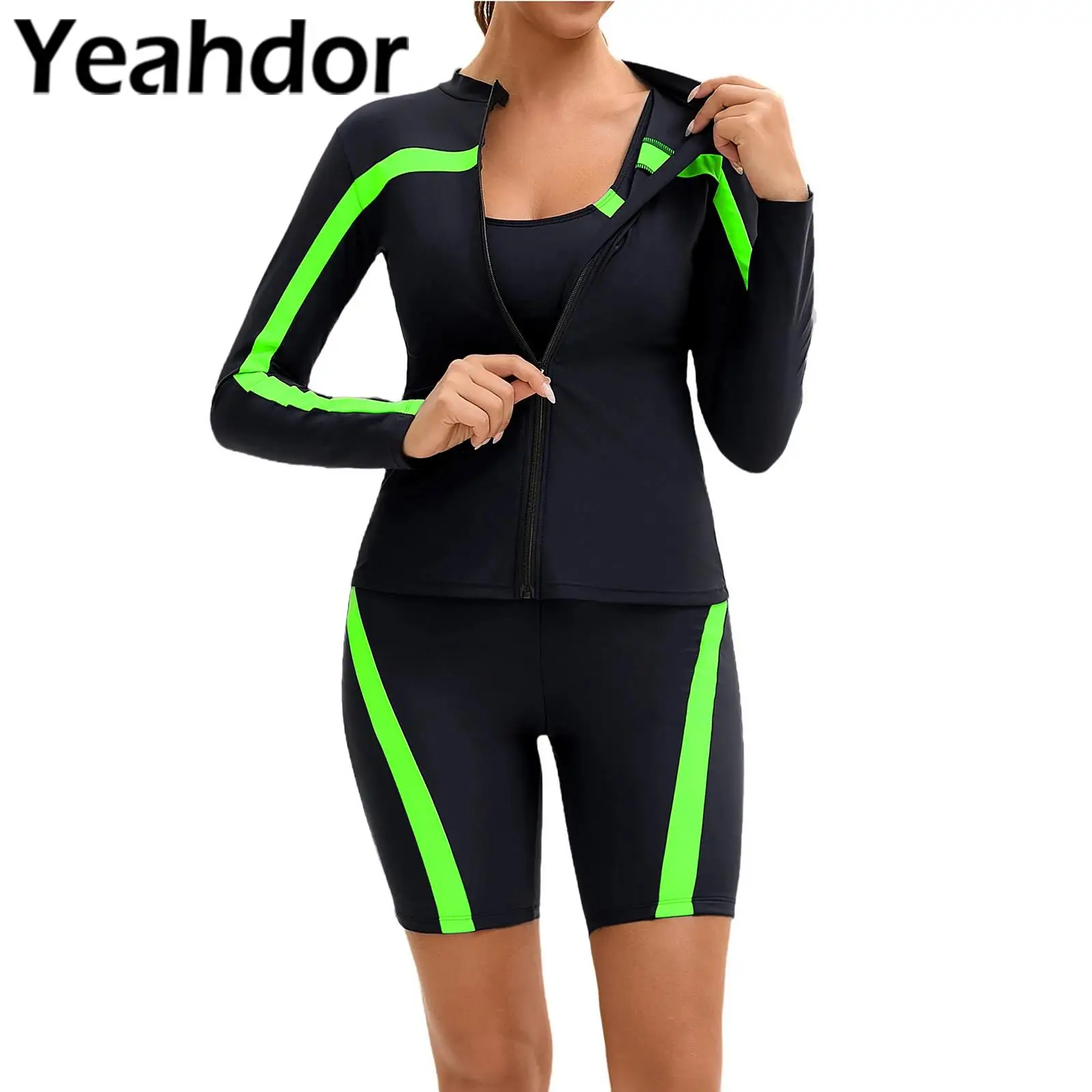 

Женский купальник из трех предметов для серфинга, пляжная одежда, наряды с длинными рукавами и молнией спереди, куртка-рашгард с укороченным жилетом и шортами