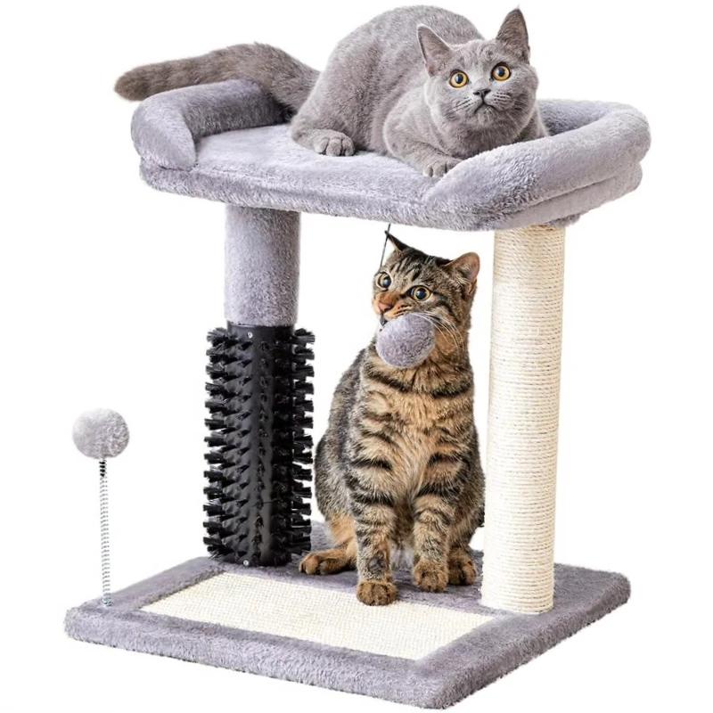 

Small 4-in-1 Self Groomer Cat Tower 20\" Tall Grey Indoor Kittens Scratching Post Natural Sisal Plush Perch Bed Dangling Cats