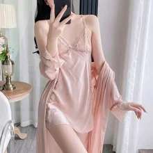 

Pink Sleepwear Lady Sexy Lace Patchwork Nightgown Bride Wedding Home Dress Suit Ice Silk Loungewear Short Kimono Bathrobe Gown