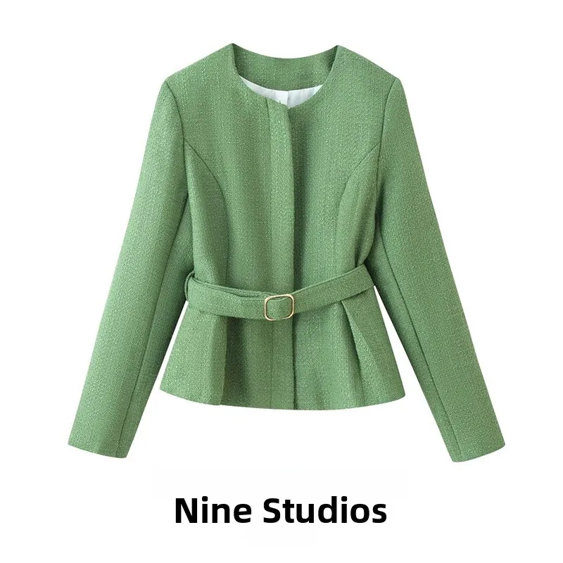 NINE ZAR Women's Short Jacket Coat Belted Waist Coarse Weave Long Sleeve Shirt Small Fragrance Style Winter Fashion Ladies' C...