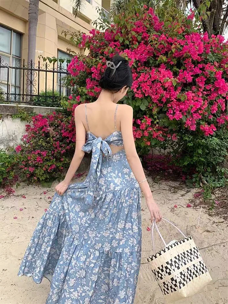 Seksowna Sukienka na Ramiączkach z Wycięciami Damska Letnia Vintage Kwiatowa Sukienka z Odkrytymi Ramionami Plisowana Y2K Sukienki na Cienkich Ramiączkach Wakacje na Plaży Vestidos