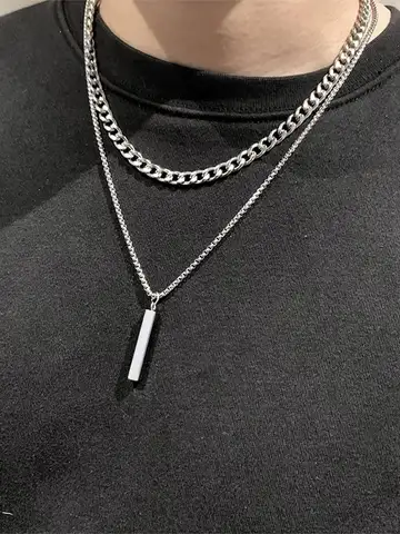 Men 3D Vertical Necklace Geometry Stainless Steel Cuban Necklace Temperament Cool Vertical Pendant Necklace