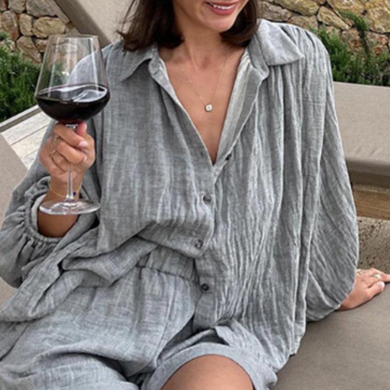 Spring Long Sleeve Button Shirt & Pocket Shorts Suits Simple Casual Daily Commute Outfit Fashion Solid Loose Women Two Piece Set