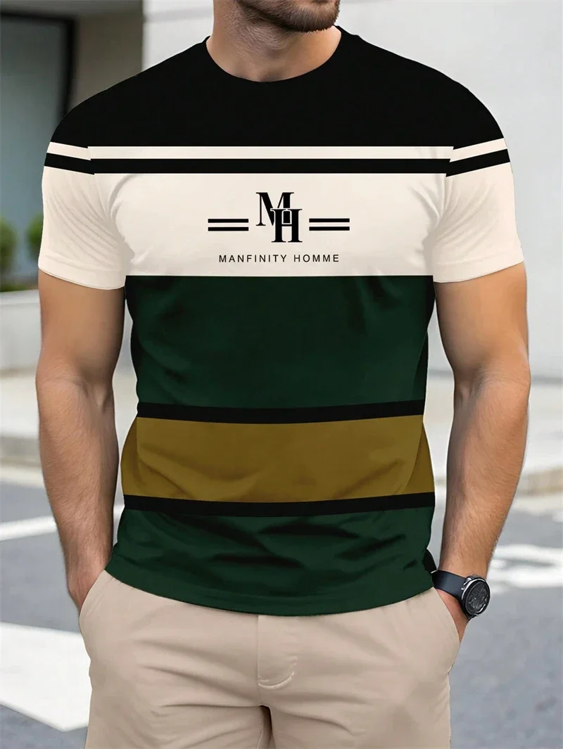 Modisches Herren-T-Shirt mit Farbblock- und Streifendruck, Rundhalsausschnitt, Kurzarm, Casual Streetwear-Oberteil für den Alltag