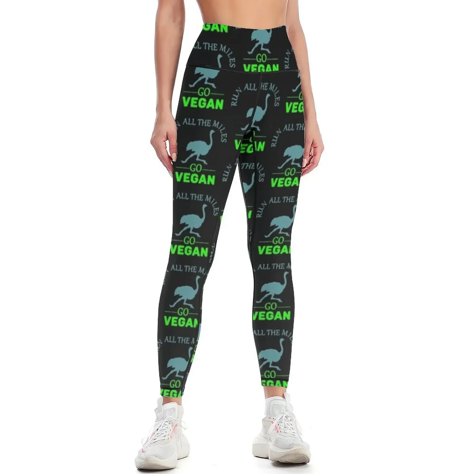 

Run All The Miles Go Vegan - Funny Running Ostrich Leggings Training pants sports for push up gym clothing Womens Leggings