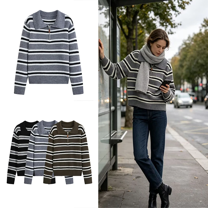 Guobioziy Women's Striped Knit Polo Sweater Half-Zip Pullover Long Sleeve Casual Loose Top for Fall and Winter