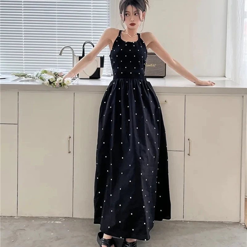 Gidyq Black Dot Sexy Spaghetti Strap Dress Women Summer Solid Neck Mounted Lace Up Dress Ladies Hotsweet Chic Vestidos New