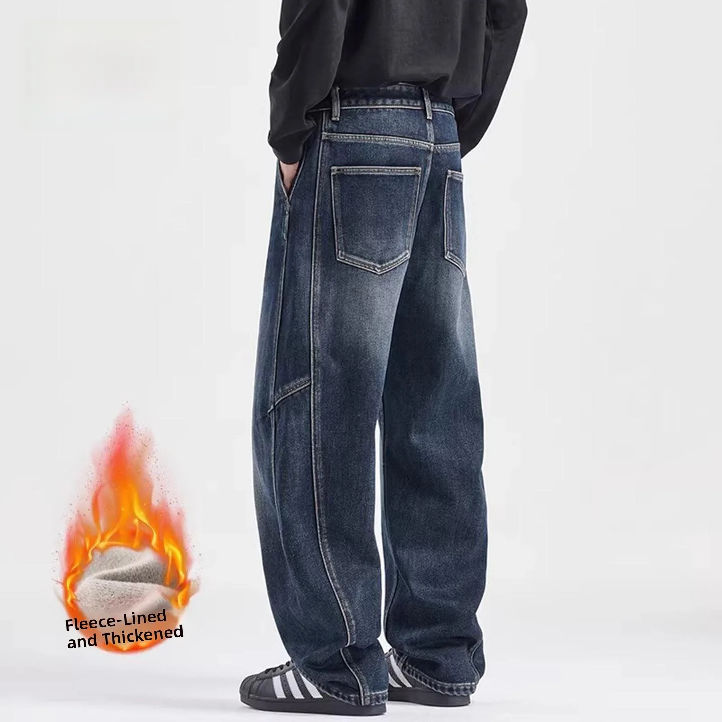 

High-End Men's Fleece-Lined Loose Straight Leg Jeans Winter Thickened Fashion Brand Casual Comfortable Classic Blue Denim