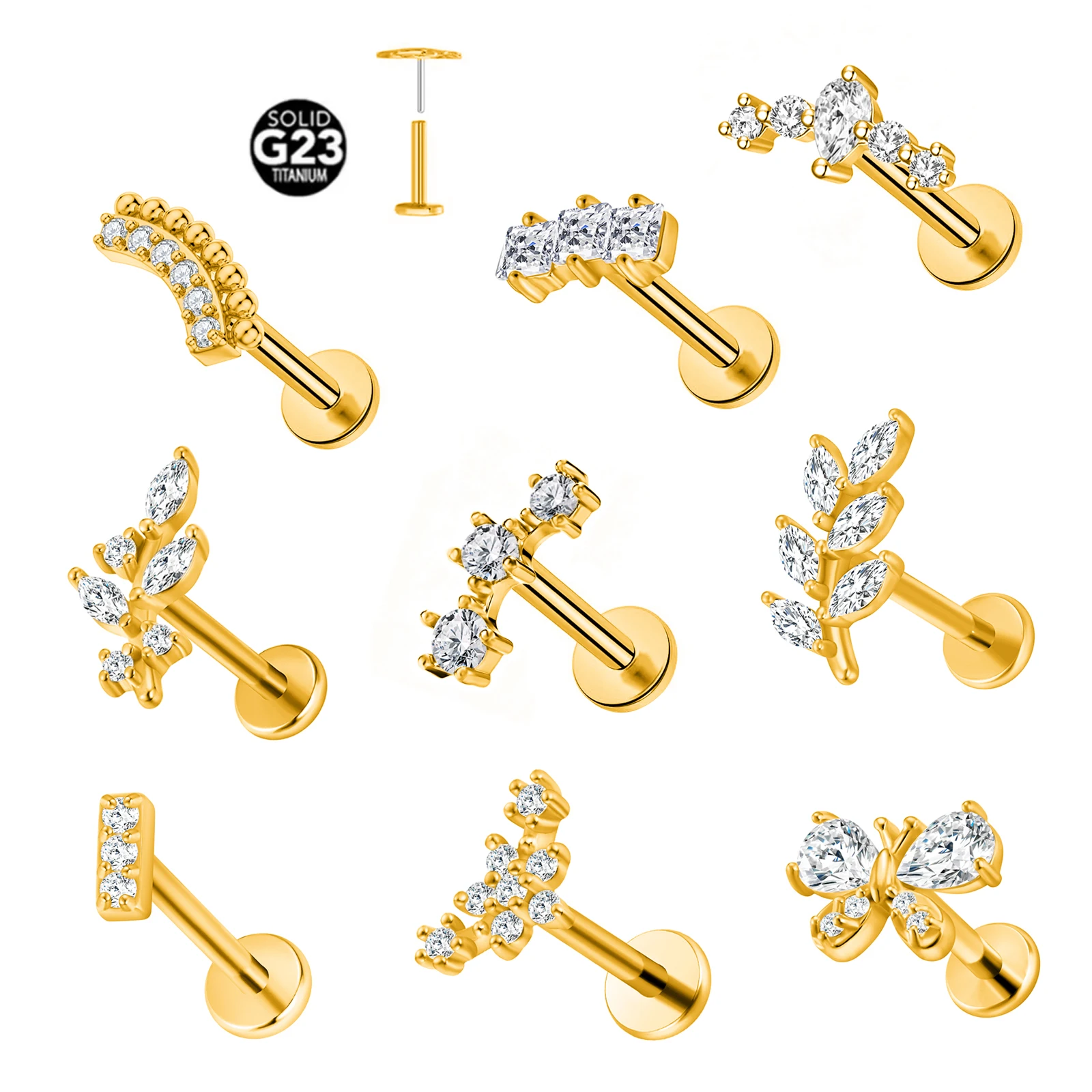ASTM F136 Titanium Flowers And Leaves Zirconia Ear Cartilage Lip Stud Fashion Earring Body Piercing Jewelry For Women
