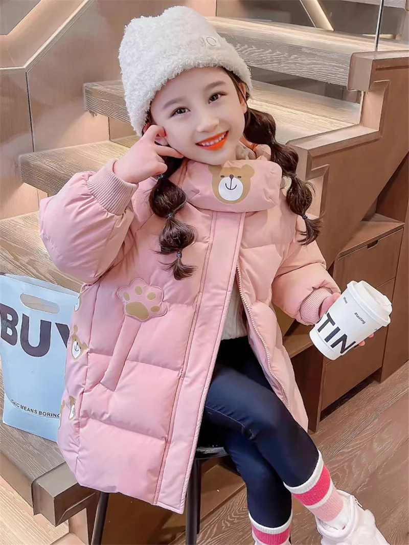 

Trendy Thick Down Cotton Jacket Winter Girls Warm Cotton-Padded Hooded Parka Coats Children's Clothing Medium Length Outerwear