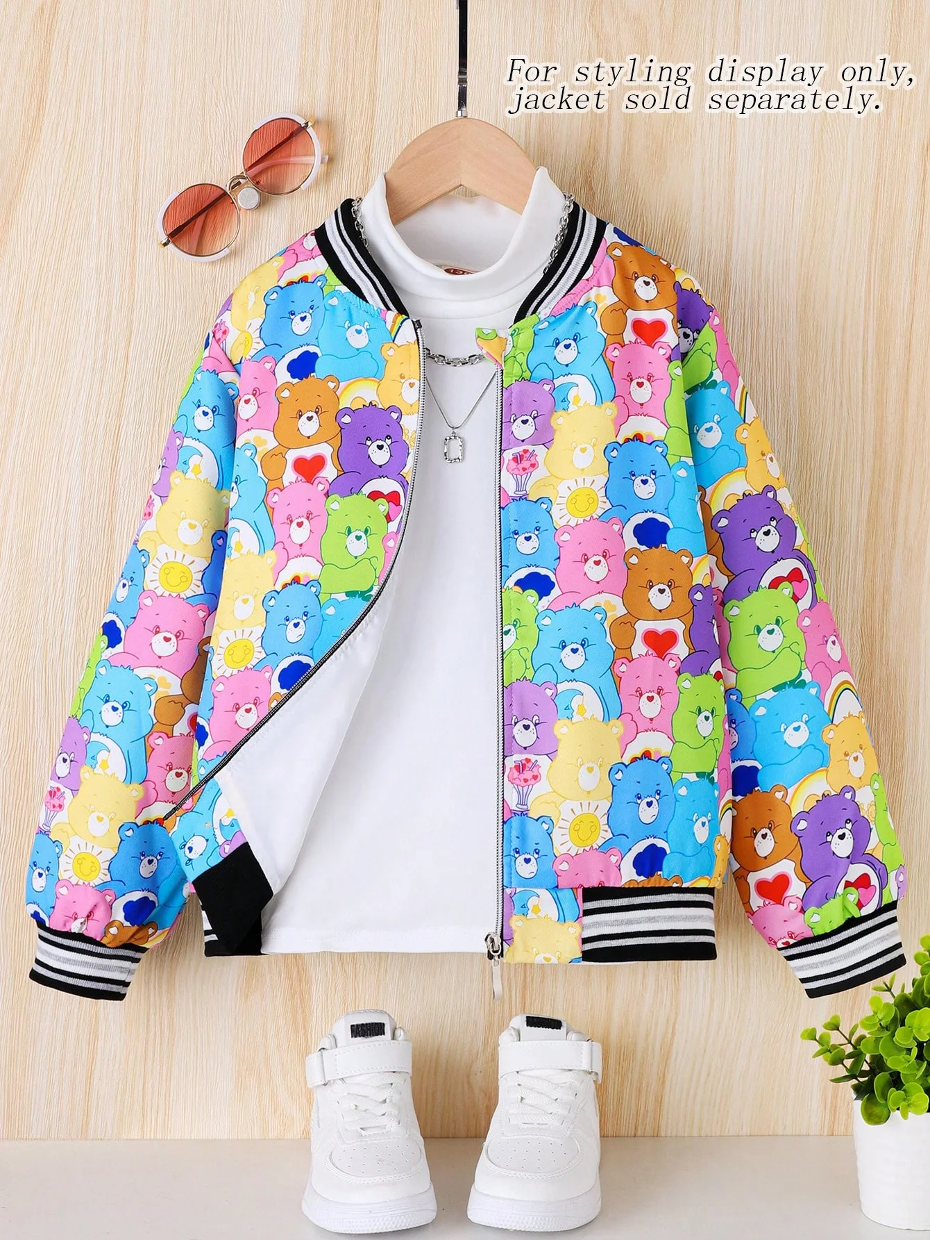 Girls Spring & Fall Heart Bear Cartoon Zip-Up Jacket, Stylish Windproof Casual Outerwear