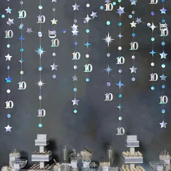 Iridescent 10th Birthday Banner Decorations Number 10 Circle Dot Twinkle Star Garlands Hanging Backdrop for 10th Birthday Party