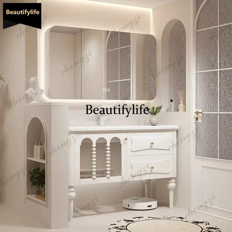 French Cream Light Bathroom Cabinet Drawer Ceramic Fixed Mirrors Storage Organizer Wall Mounted Vanity Small Sink Mobile Ba b56