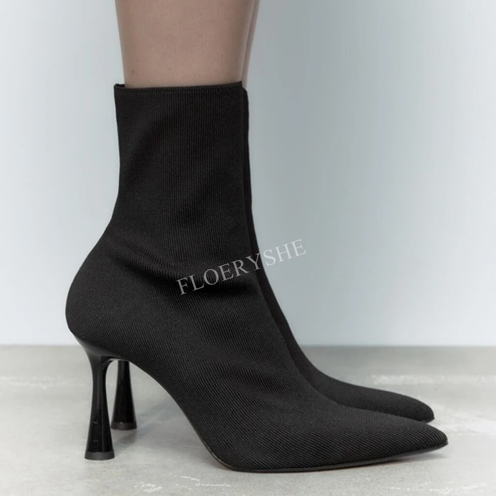 Schwarz gestrickte Stretch-Stiefeletten Neuankömmling solide Frauen spitzen Zehen 8cm dünne High Heel Party Mode Frühling Herbst Schuhe