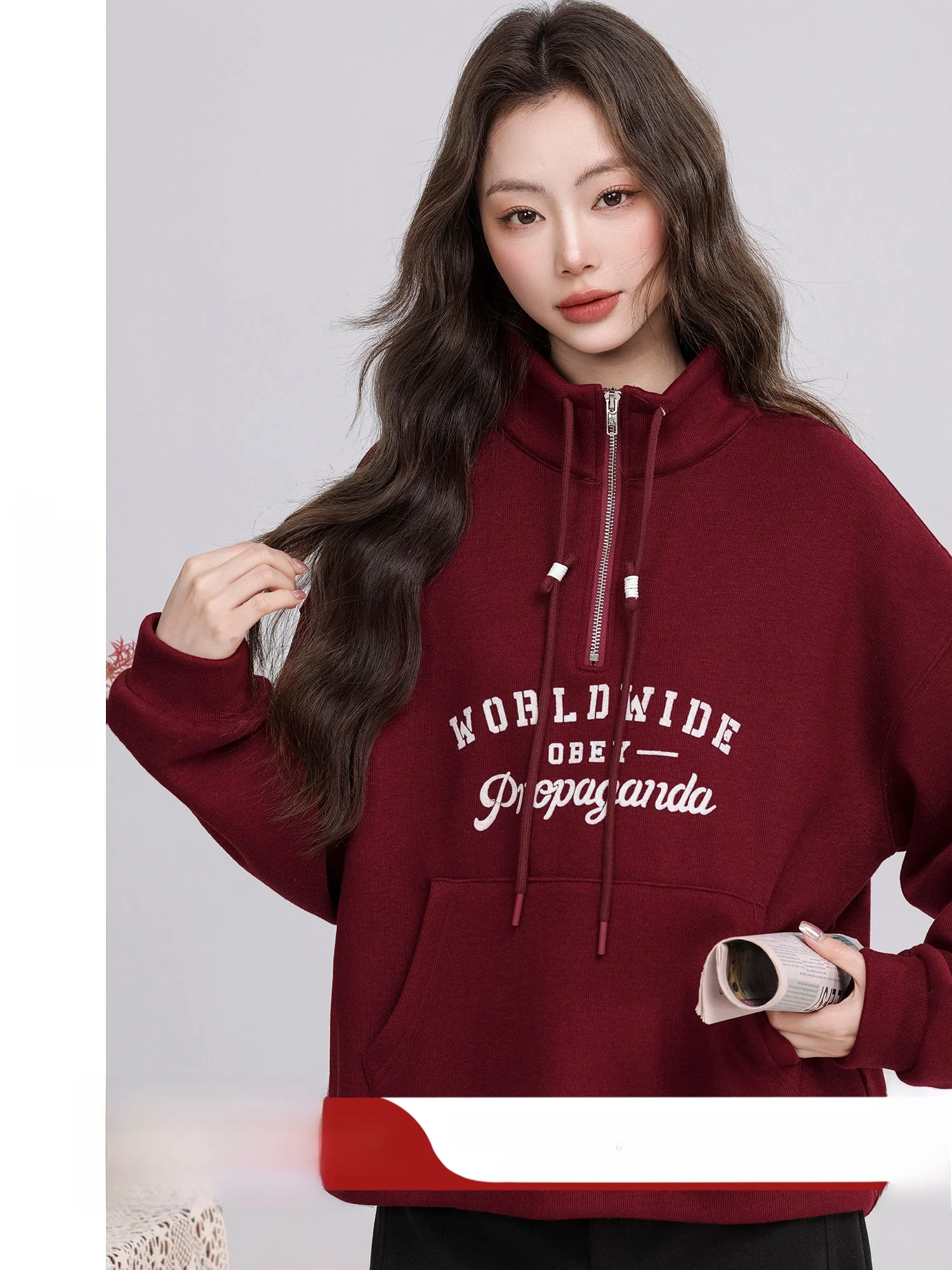 

Red Fleece Lined Zip up Hoodie Women's Winter Casual Loose Fit Long Sleeve T-Shirt Style Korean Commute Style Half Zipper Sta...