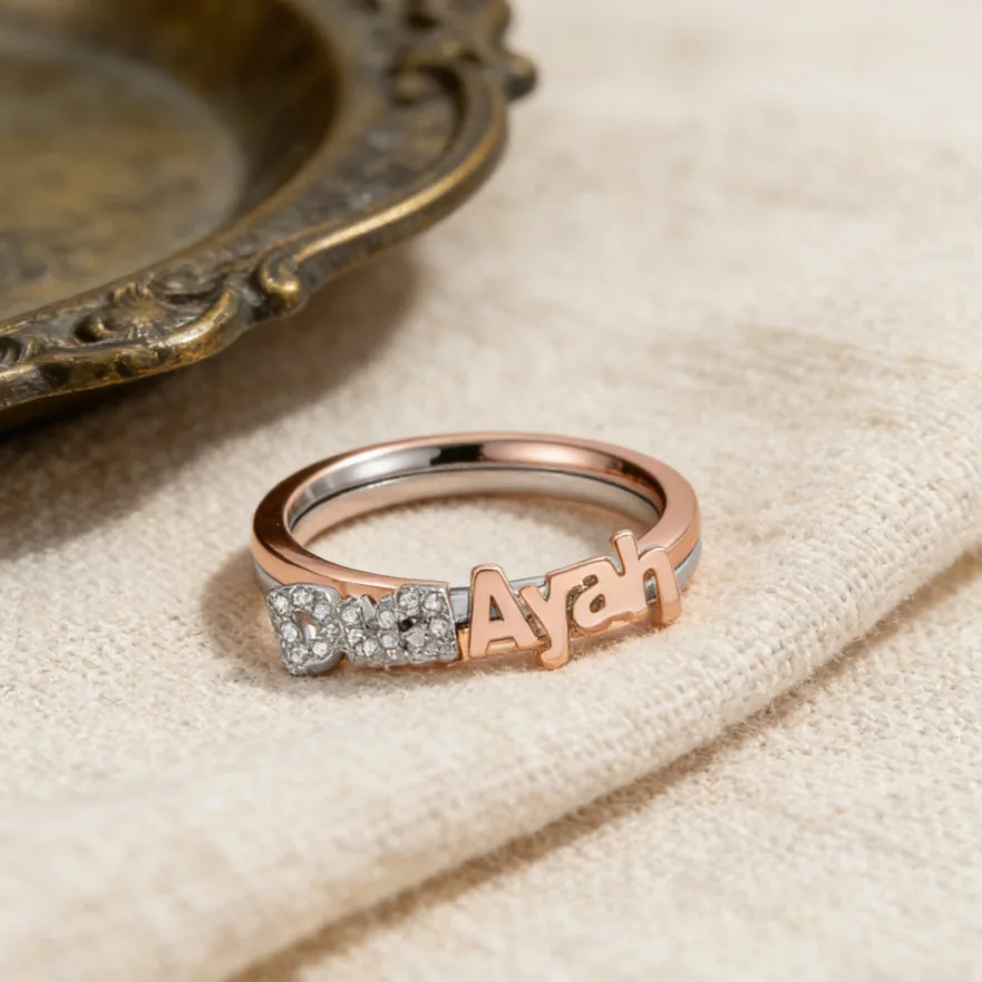 DOREMI Customized 3D Name Ring Two tone Diamond Set Double Ring European and American Style Personalized Gift Ring