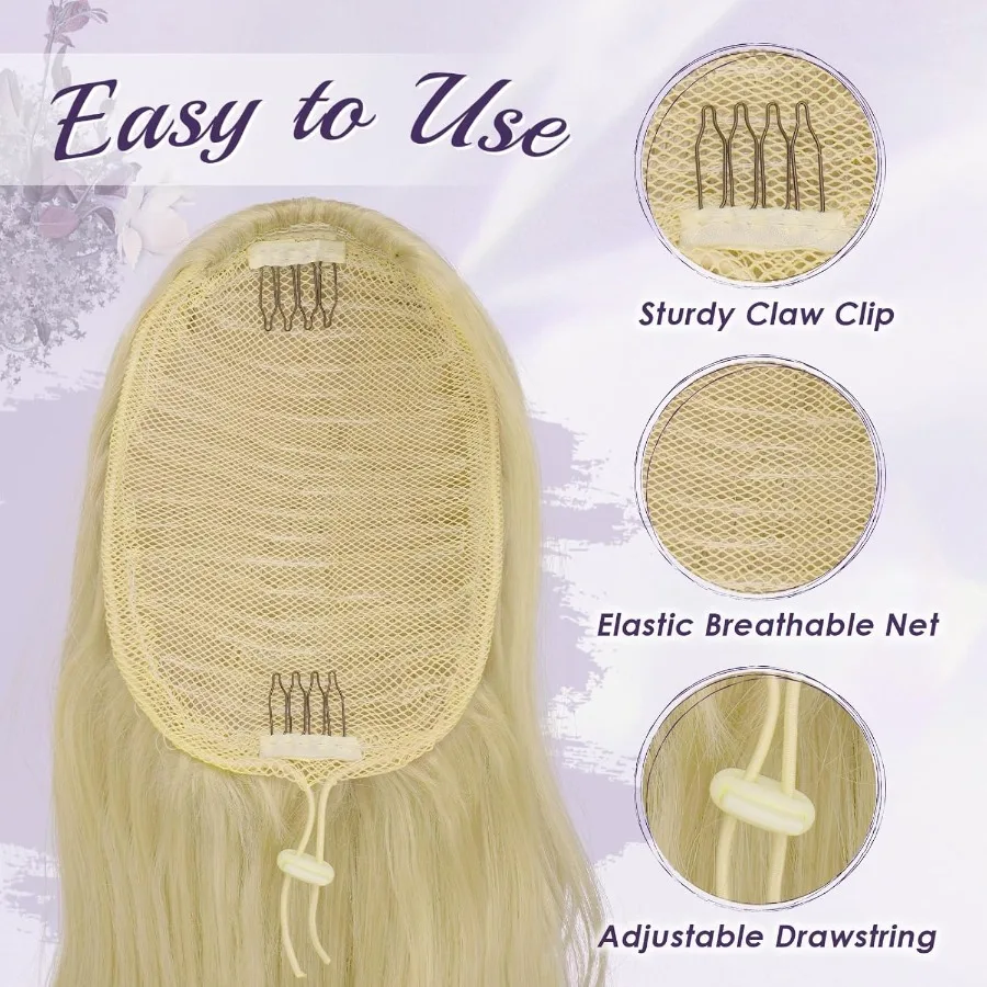 وصلة ذيل حصان برباط من FESHFEN للنساء مع شعر صناعي طبيعي طويل مموج ذو طبقات بلون أشقر رمادي 20 بوصة مثالي