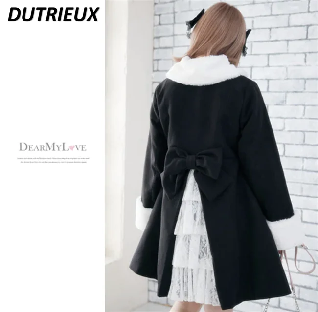 2023 New Fall Winter New Cute Japanese Style Woolen Coats Women Lolita Long Coat Warm Bow Mid-Length Lace Stitching Trench Coat